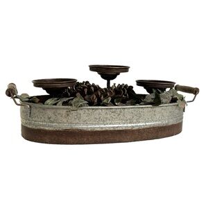 Galvanized Metal Farmhouse 3 Pillar Size Candle Holder W Pine Cones
